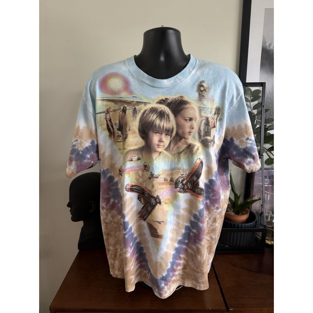 Liquid Blue T-Shirt Mens L Blue Star Wars Episode I Phantom Menace Tie Dye AOP
